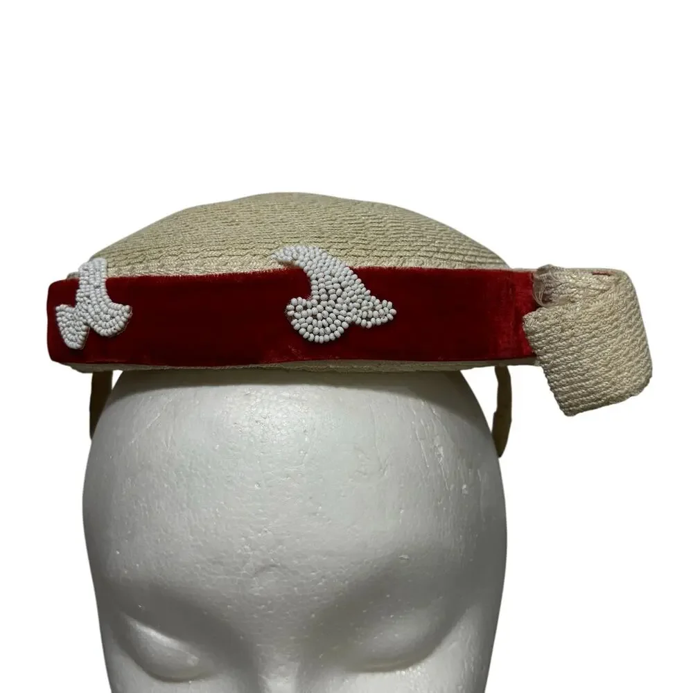 Vintage Mindy by Mary Roth White headband hat red velvet trim white beads FLAW